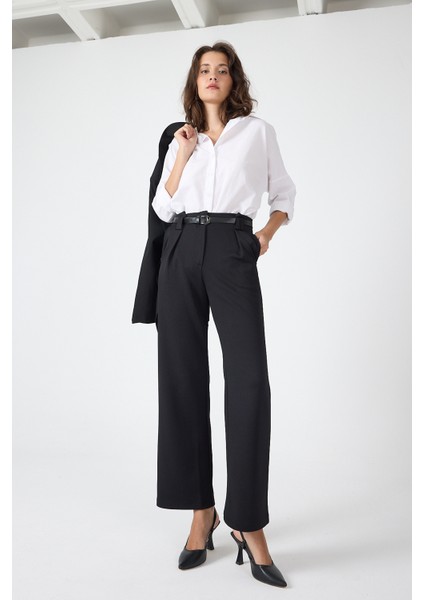 Siyah Pileli Kemerli Kadın Kumaş Pantolon 8119A fiyatları