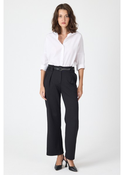 Siyah Pileli Kemerli Kadın Kumaş Pantolon 8119A modelleri
