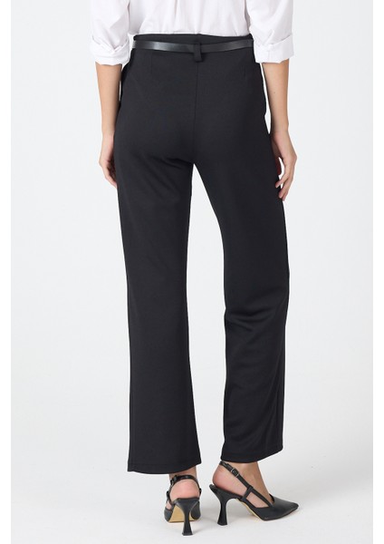 Siyah Pileli Kemerli Kadın Kumaş Pantolon 8119A