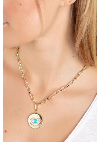 Altın Sarısı Göz Figürlü Nazarlı Kolye