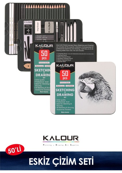 Eskiz Karakalem Çizim Seti 50 Parça, Metal Kutulu (Defter Hediyeli) fiyatları