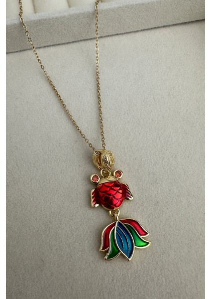 Çelik Altın Rengi Mineli Renkli Balık Kolye (40CM) modelleri