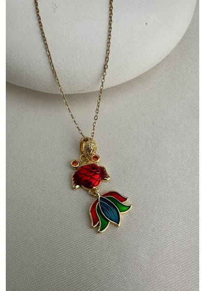 Çelik Altın Rengi Mineli Renkli Balık Kolye (40CM) fırsatları