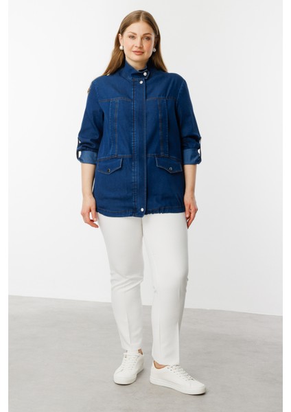 Kadın Büyük Beden Fermuarlı Kapak Cepli Mont 6302 Indigo modelleri