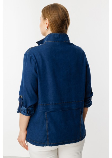 Kadın Büyük Beden Fermuarlı Kapak Cepli Mont 6302 Indigo fırsatları