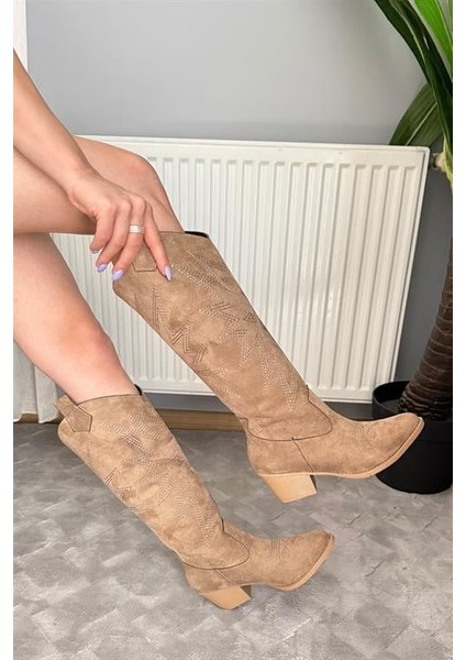 Kadın Jasire Bej Süet Nakışlı Western Kovboy Cowgirl Bot Çizme