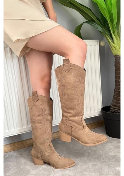 Kadın Jasire Bej Süet Nakışlı Western Kovboy Cowgirl Bot Çizme modelleri