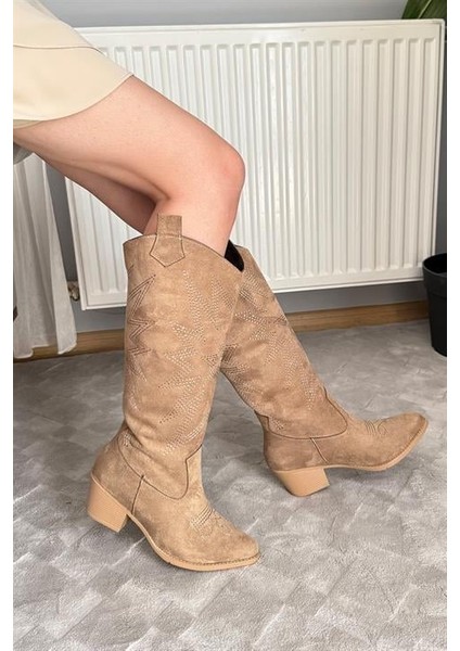 Kadın Jasire Bej Süet Nakışlı Western Kovboy Cowgirl Bot Çizme indirimleri