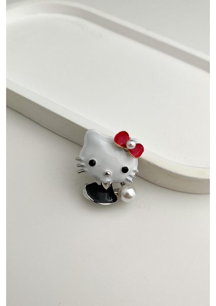 Gümüş Rengi Mineli Inci Detaylı Kedi Broş (3cm) fiyatları