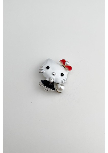 Gümüş Rengi Mineli Inci Detaylı Kedi Broş (3cm) modelleri