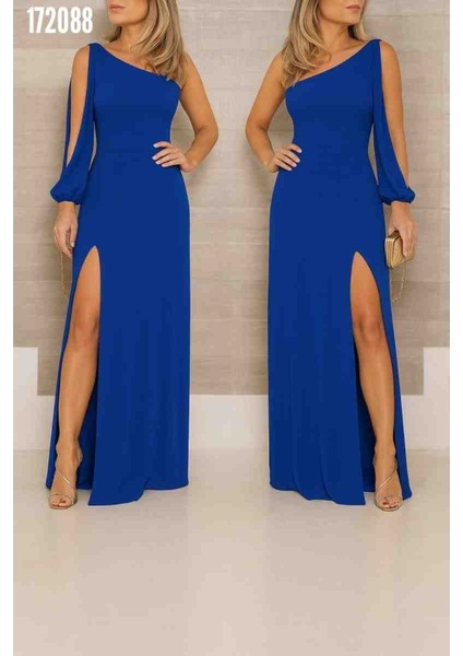 Tek Omuz Açık Derin Yırtmaçlı Krep Tam Boy Elbise, Kırmızı Gül Figürlü Kolye fiyatları