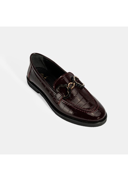Kadın Bordo Kroko Baskılı Toka Detaylı Deri Loafer indirimleri