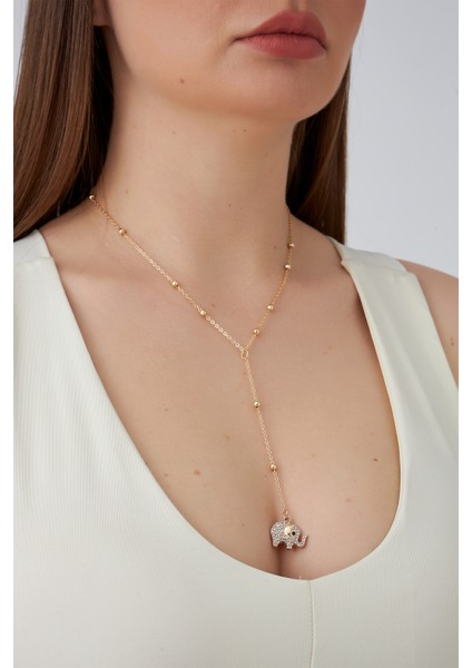 Altın Rengi Top Zincir Taşlı Fil Figürlü Y Kolye (60CM)