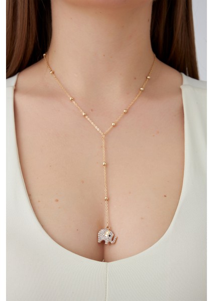 Altın Rengi Top Zincir Taşlı Fil Figürlü Y Kolye (60CM) fiyatları