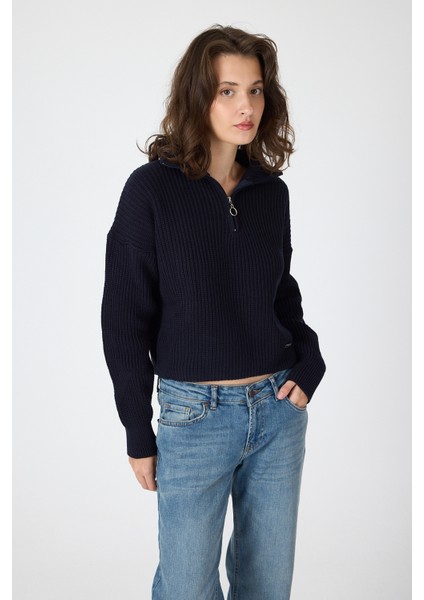 Laci Yarım Fermuarlı Crop Triko Kadın Kazak 7135