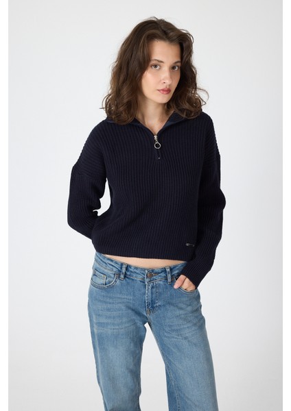 Laci Yarım Fermuarlı Crop Triko Kadın Kazak 7135