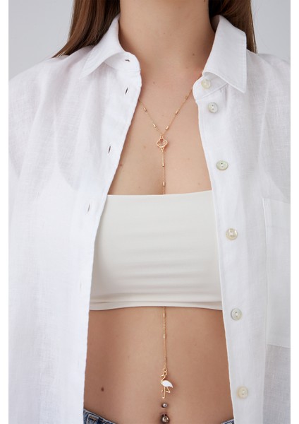 Altın Rengi Yonca Flamingo Detaylı Crop Y Kolye (110CM)