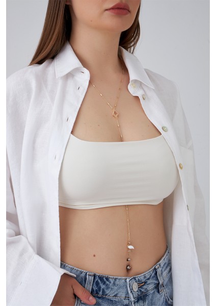 Altın Rengi Yonca Flamingo Detaylı Crop Y Kolye (110CM) fiyatları