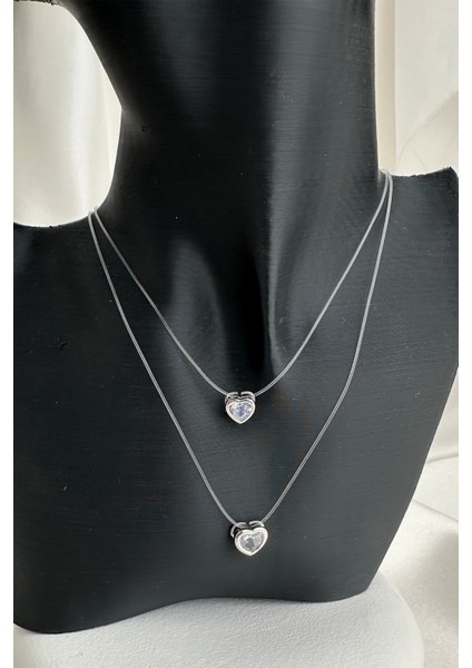 Gümüş Rengi Görünmez Misina Taşlı Ikili Kalp Hayalet Kolye