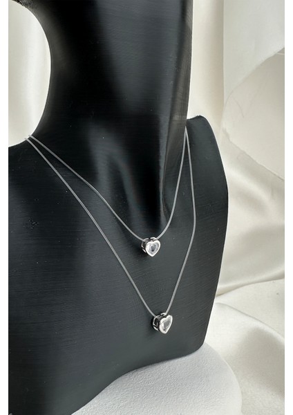 Gümüş Rengi Görünmez Misina Taşlı Ikili Kalp Hayalet Kolye fiyatları