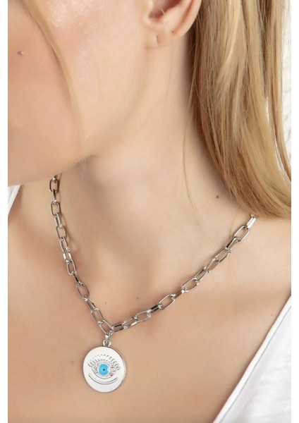 Gümüş Rengi Göz Figürlü Nazarlı Kolye