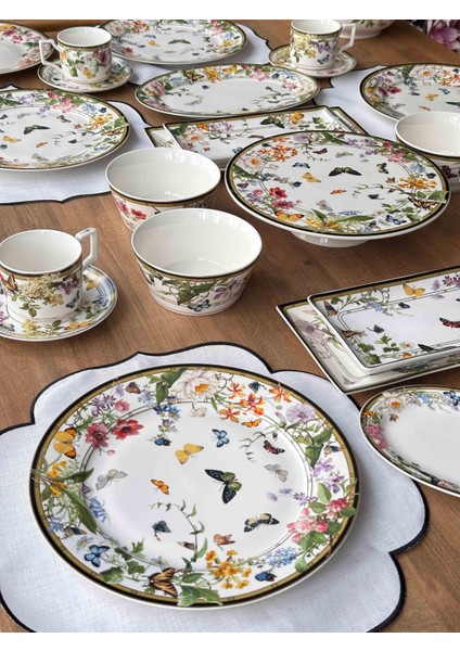 Muse Garden 42 Parça 6 Kişilik Porselen Kahvaltı Takımı – Çiçek ve Kelebek Desenli