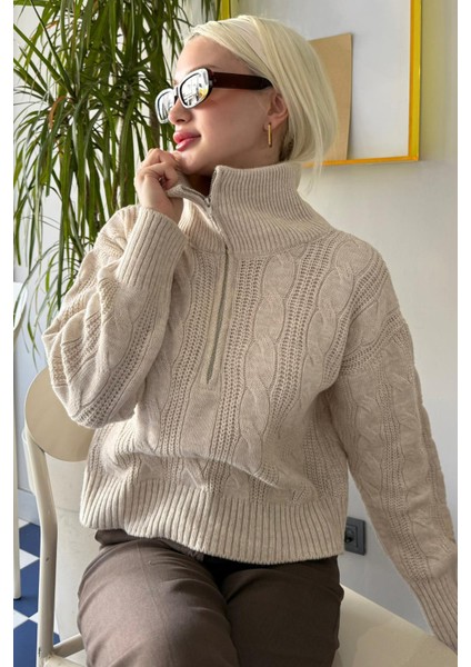 Bej Örgü Desenli Fermuarlı Yaka Kadın Triko Kazak MG2546 fiyatları