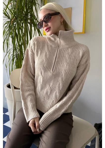 Bej Örgü Desenli Fermuarlı Yaka Kadın Triko Kazak MG2546 indirimleri