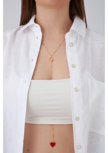 Altın Rengi Yonca Kırmızı Kalp Figürlü Crop Y Kolye (110CM)