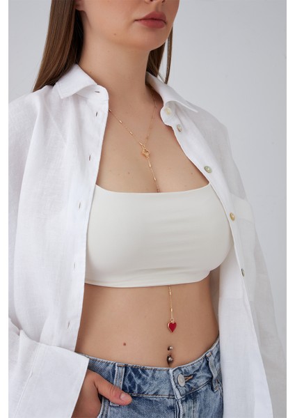 Altın Rengi Yonca Kırmızı Kalp Figürlü Crop Y Kolye (110CM) fiyatları