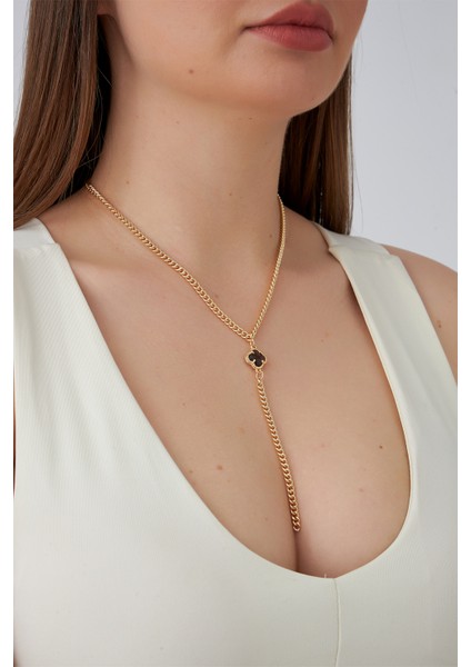 Altın Rengi Yonca Detaylı Zincir Y Kolye (60CM)