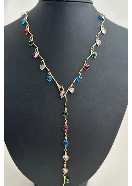 Renkli Kalp Detay Taşlı Dekolte Y Kolye (56CM)