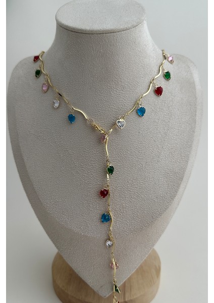 Renkli Kalp Detay Taşlı Dekolte Y Kolye (56CM) fiyatları