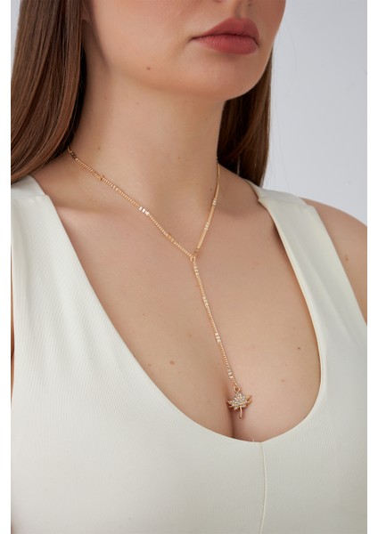 Altın Rengi Taşlı Yaprak Figürlü Y Kolye (60CM)