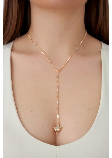 Altın Rengi Taşlı Yaprak Figürlü Y Kolye (60CM) fiyatları