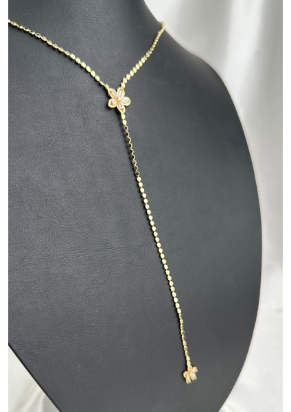 Altın Rengi Çiçek Detay Pul Zincir Y Kolye