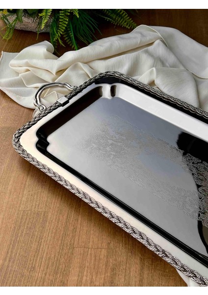 Kulplu Halat Desenli Dikdörtgen Metal Sunum Tepsisi – 59X31X5 cm fiyatları