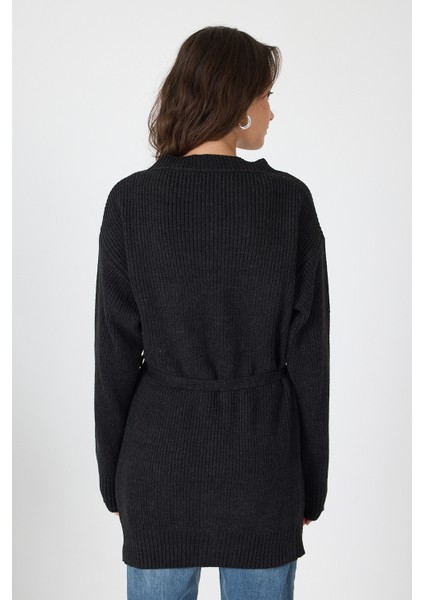 Siyah Kuşaklı Örme Kadın Hırka 6905