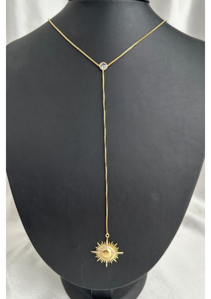 Altın Rengi Tek Taş Detay Güneş Figürlü Y Kolye