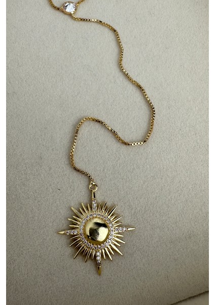 Altın Rengi Tek Taş Detay Güneş Figürlü Y Kolye modelleri