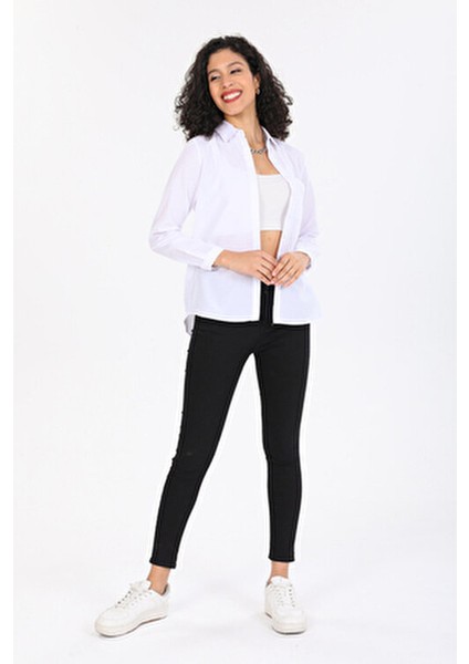 Kadın Uzun Kol Gömlek Düz Renk Günlük Kullanım İçin Cep Detaylı