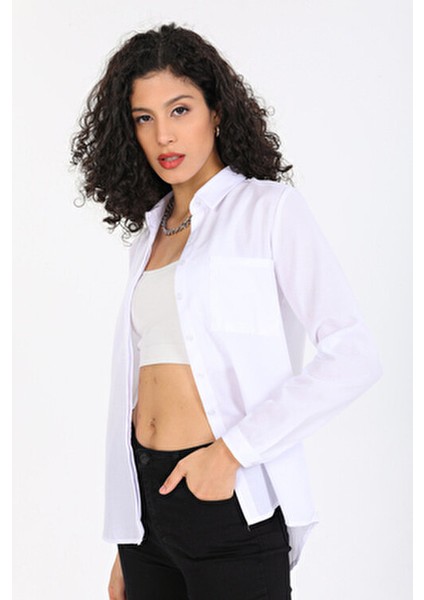 Kadın Uzun Kol Gömlek Düz Renk Günlük Kullanım İçin Cep Detaylı