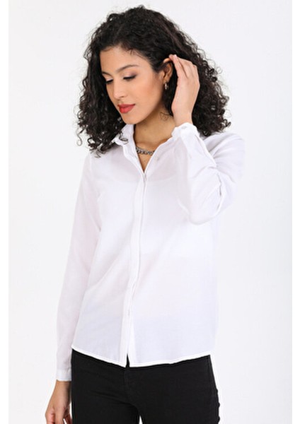 Kadın Uzun Kol Gömlek Düz Renk Günlük Kullanım İçin Cep Detaylı