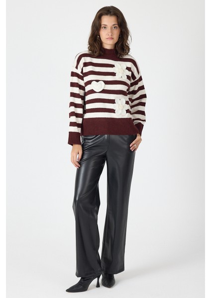 Bordo Çizgili İşleme Detaylı Kazak 7090 fırsatları