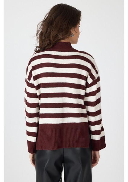 Bordo Çizgili İşleme Detaylı Kazak 7090