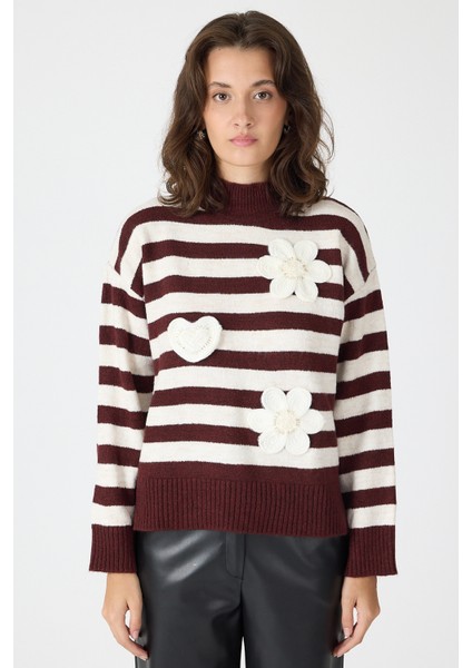 Bordo Çizgili İşleme Detaylı Kazak 7090