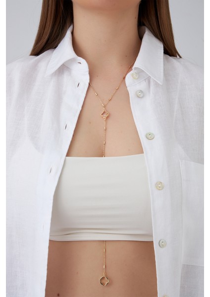 Altın Rengi Yonca Detaylı Crop Y Kolye (110CM)