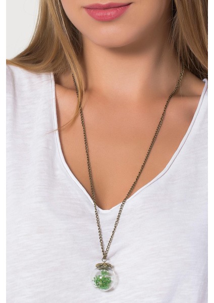 Yeşil Kurutulmuş Çiçekli Cam Fanus Kolye