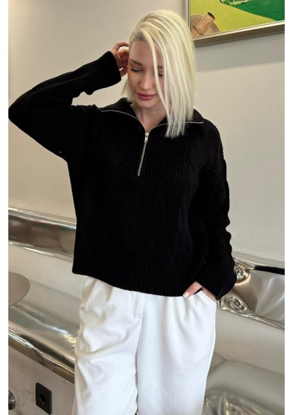 Siyah Örgü Desenli Fermuarlı Yaka Kadın Triko Kazak MG2546 fiyatları