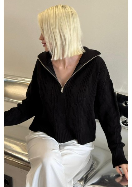 Siyah Örgü Desenli Fermuarlı Yaka Kadın Triko Kazak MG2546 indirimleri